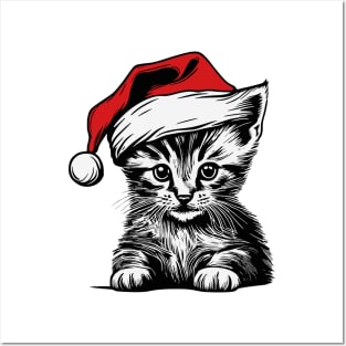 Christmas Cat with Santa Hat Posters and Art